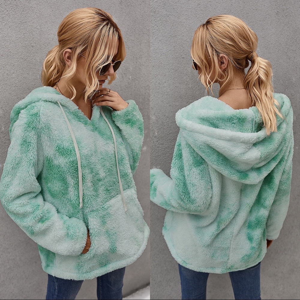 Soft Tie Dye Sherpa Fleece Hoodie Sweatshirt Mint